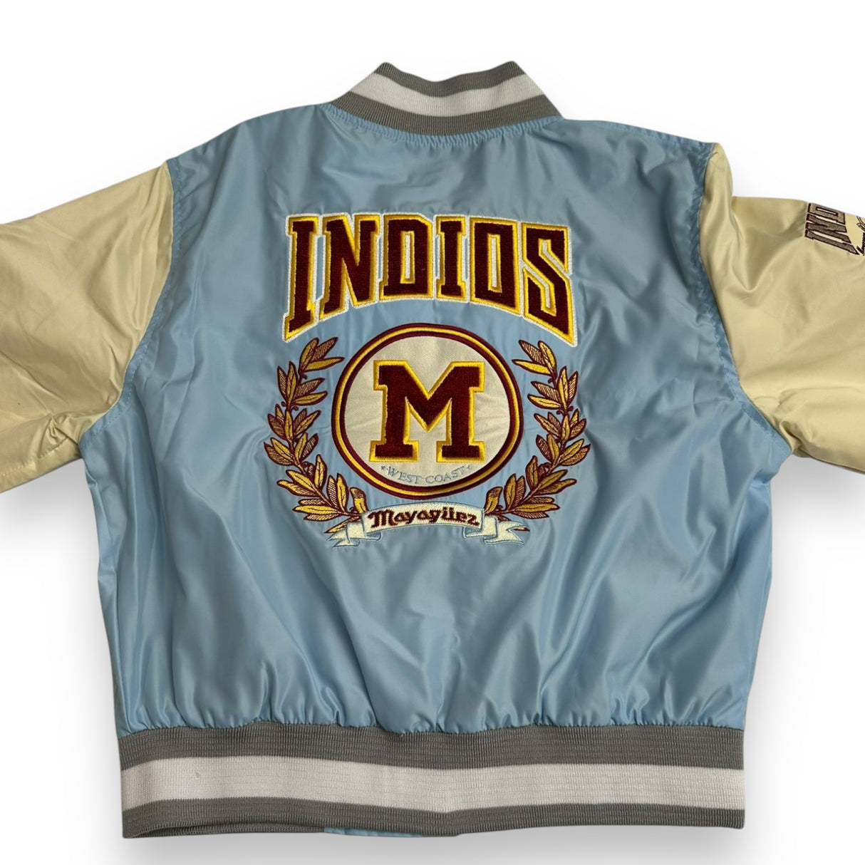 INDIOS X DLAB Women's Sky Blue/Cream Bomber Varsity Jacket 2.0 Crop Top