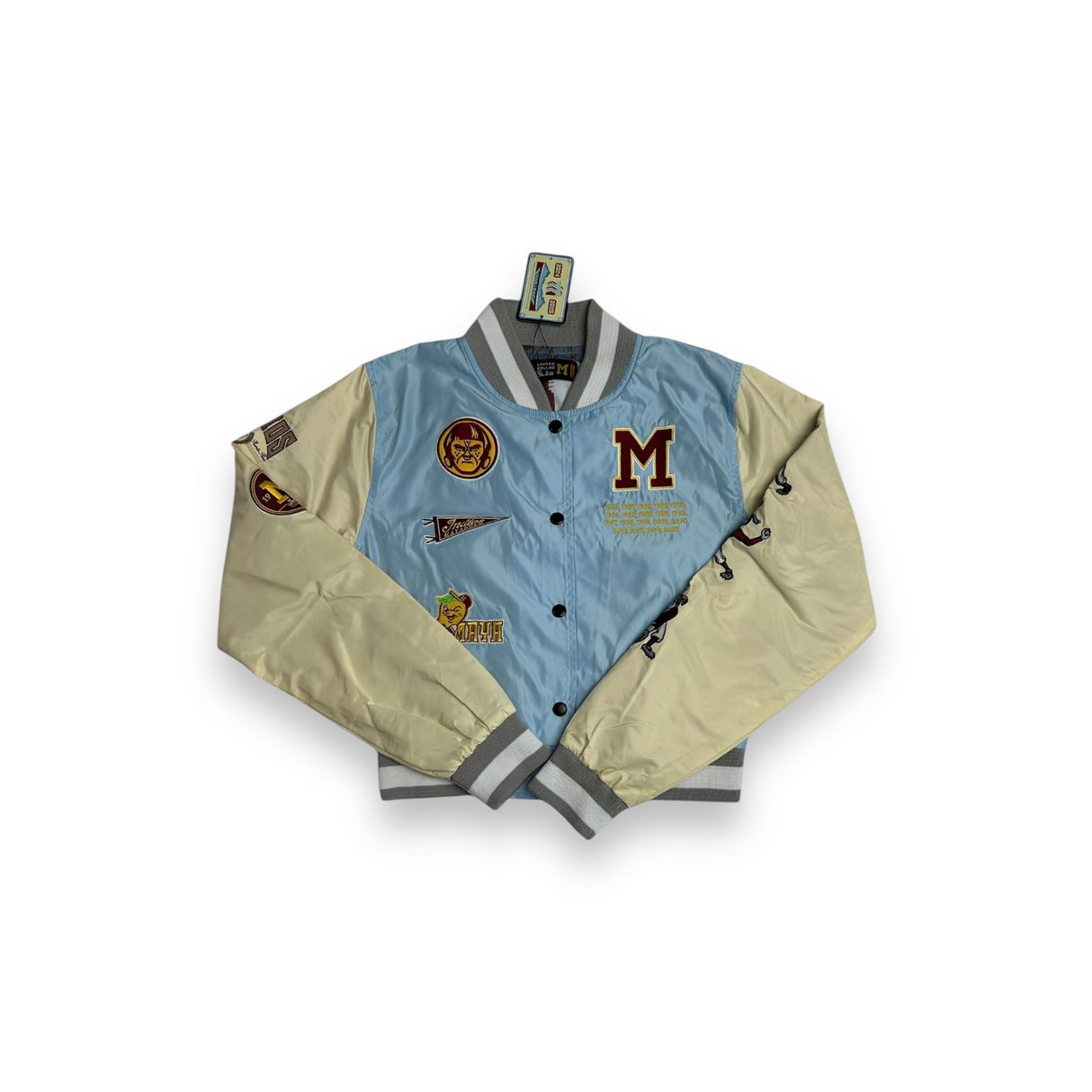 INDIOS X DLAB Women's Sky Blue/Cream Bomber Varsity Jacket 2.0 Crop Top